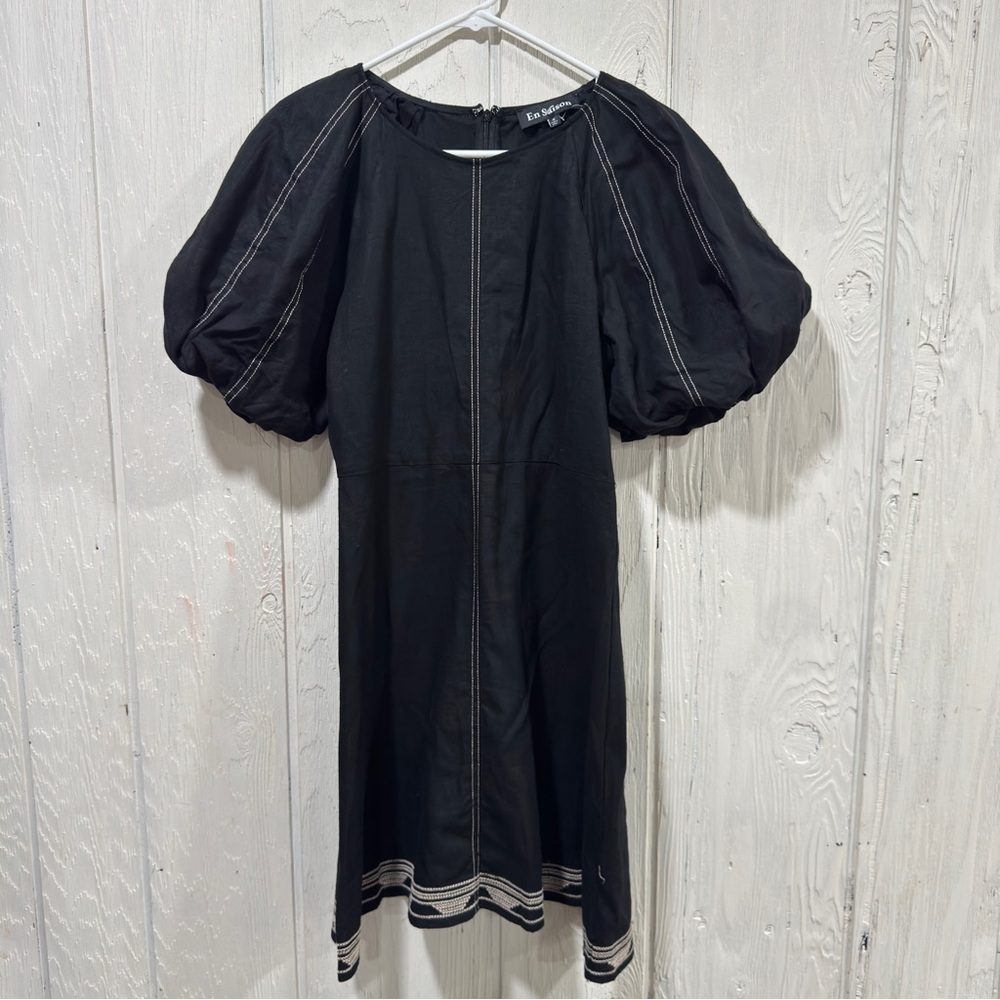 En Saison Black Midi Dress with Puff Sleeves - Picture 4 of 10